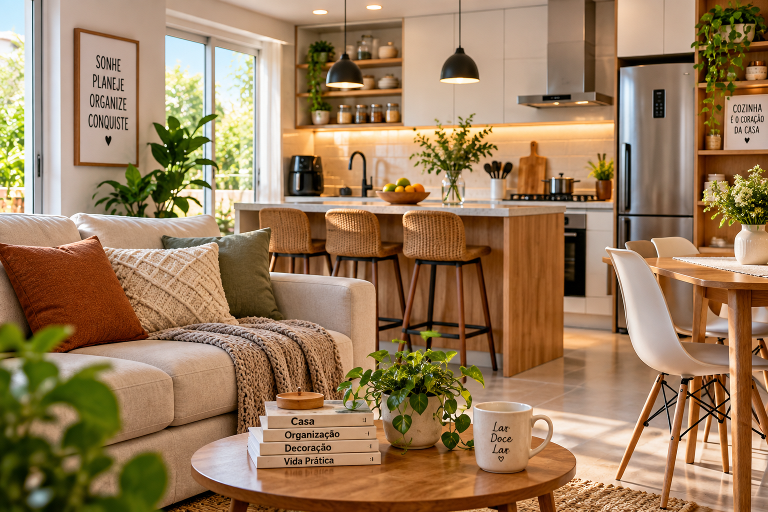 "Sala e cozinha moderna com produtos e itens úteis para casa".